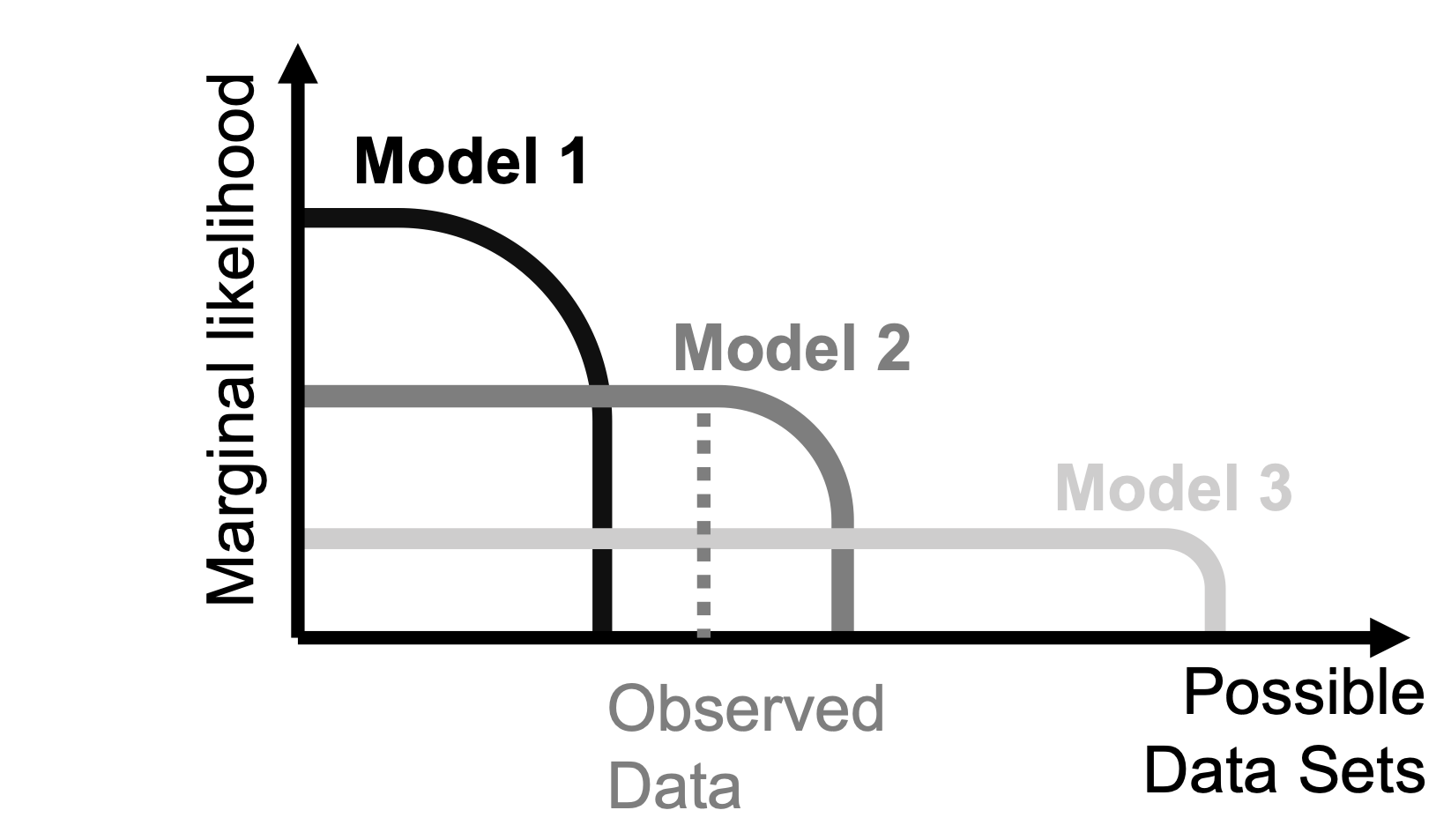 Shown are the schematic marginal likelihoods that each of three models assigns to different possible data sets. The total probability each model assigns to the data is equal to one, i.e., the areas under the curves of all three models are the same. Model 1 (black), the low complexity model, assigns all the probability to a narrow range of possible data, and can predict these possible data sets with high likelihood. Model 3 (light grey) assigns its probability to a large range of different possible outcomes, but predicts each individual observed data set with low likelihood (high complexity model). Model 2 (dark grey) takes an intermediate position (intermediate complexity). The vertical dashed line (dark grey) illustrates where the actual empirically observed data fall. The data most support model 2, since this model predicts the data with highest likelihood. The figure is closely based on Figure 3.13 in Bishop (2006).
